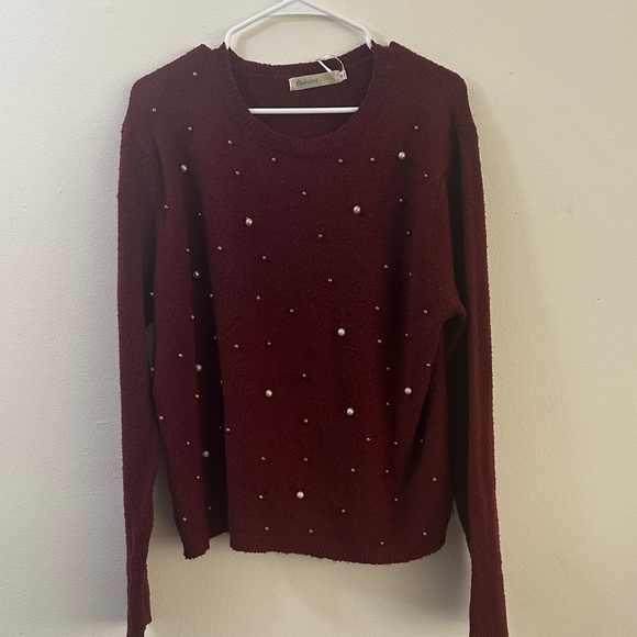 Women's Burgundy Sweater with Pearl Accents - Picture 1 of 5